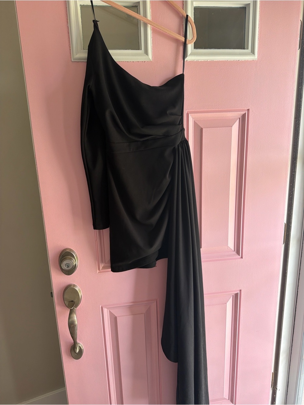 Windsor Black One-Shoulder Asymmetrical Draped Mini Dress